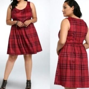 NEW RED FAUX SUEDE PLAID SKATER FIT & FLARE DRESS....SIZE:14